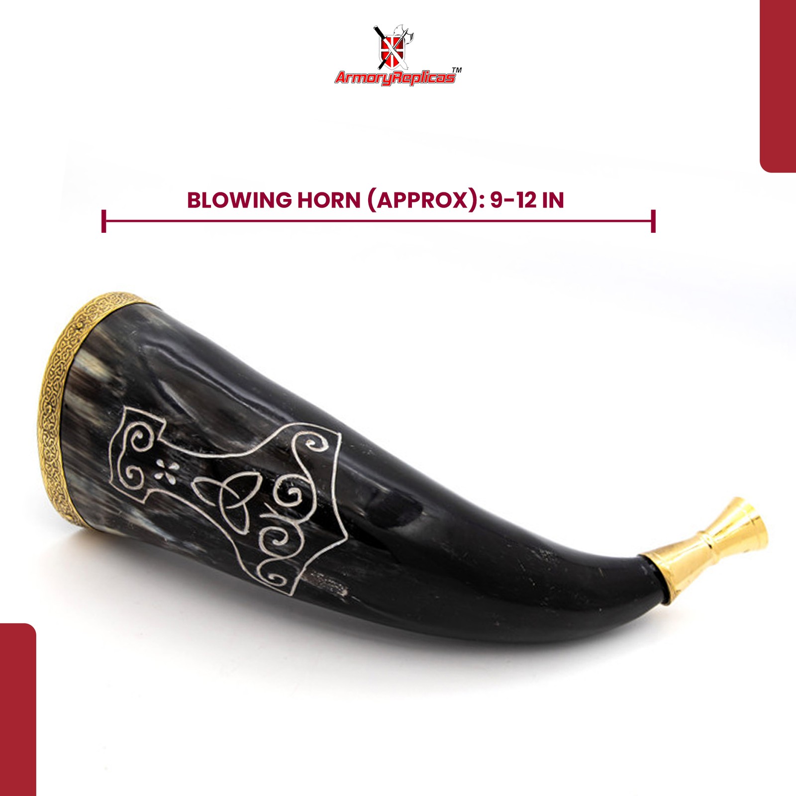 Medieval Viking Mjolnir Blowing Horn with Brass Rim - 9-12" Authentic Horn