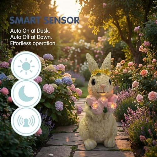 Solar Garden Rabbit Statue with Flowers & 5 LED Lights - Outdoor Yard Decor, Uni