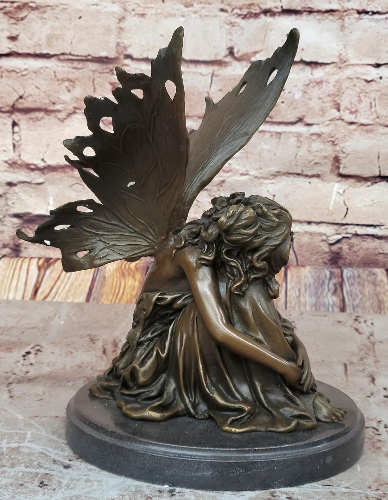 Bronze statue art nouveau garden fairy angel w/ wings. SIGNED Cesaro Artwork