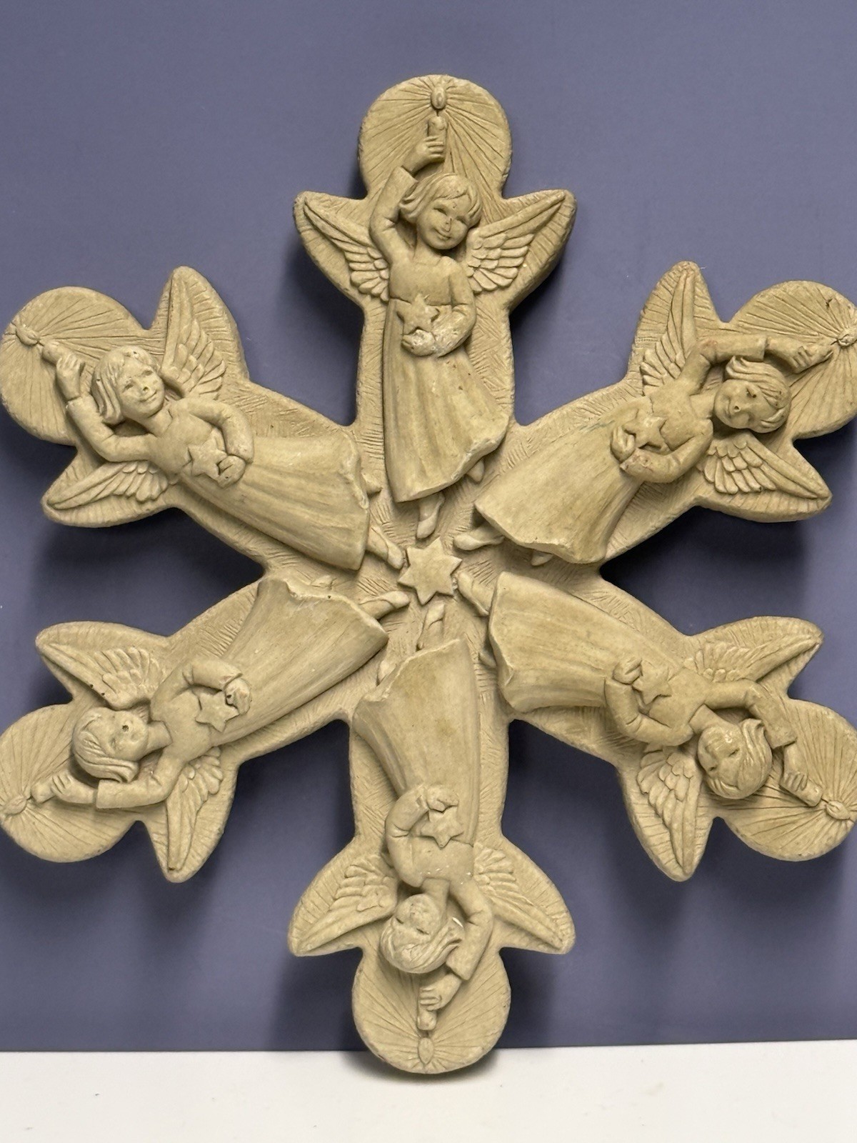 Hand Cast Stone Snowflake Shaped Ornament W/Angels Wall Decor By George CARRUTH