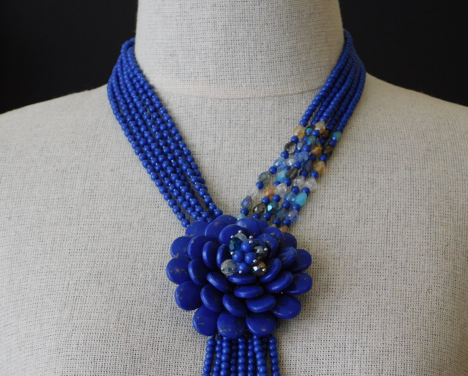 Vintage JOAN RIVERS Indigo Blue Starlet Floral Bead Statement Necklace