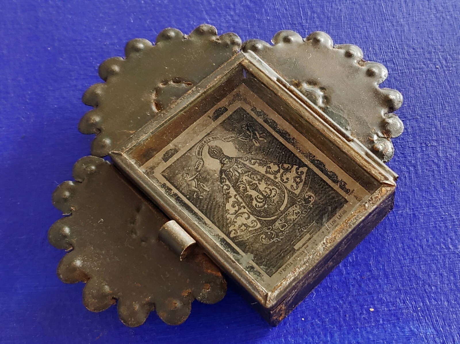 Rustic Mexican Virgen de San Juan de los Lagos tin wall hanging nicho folk art