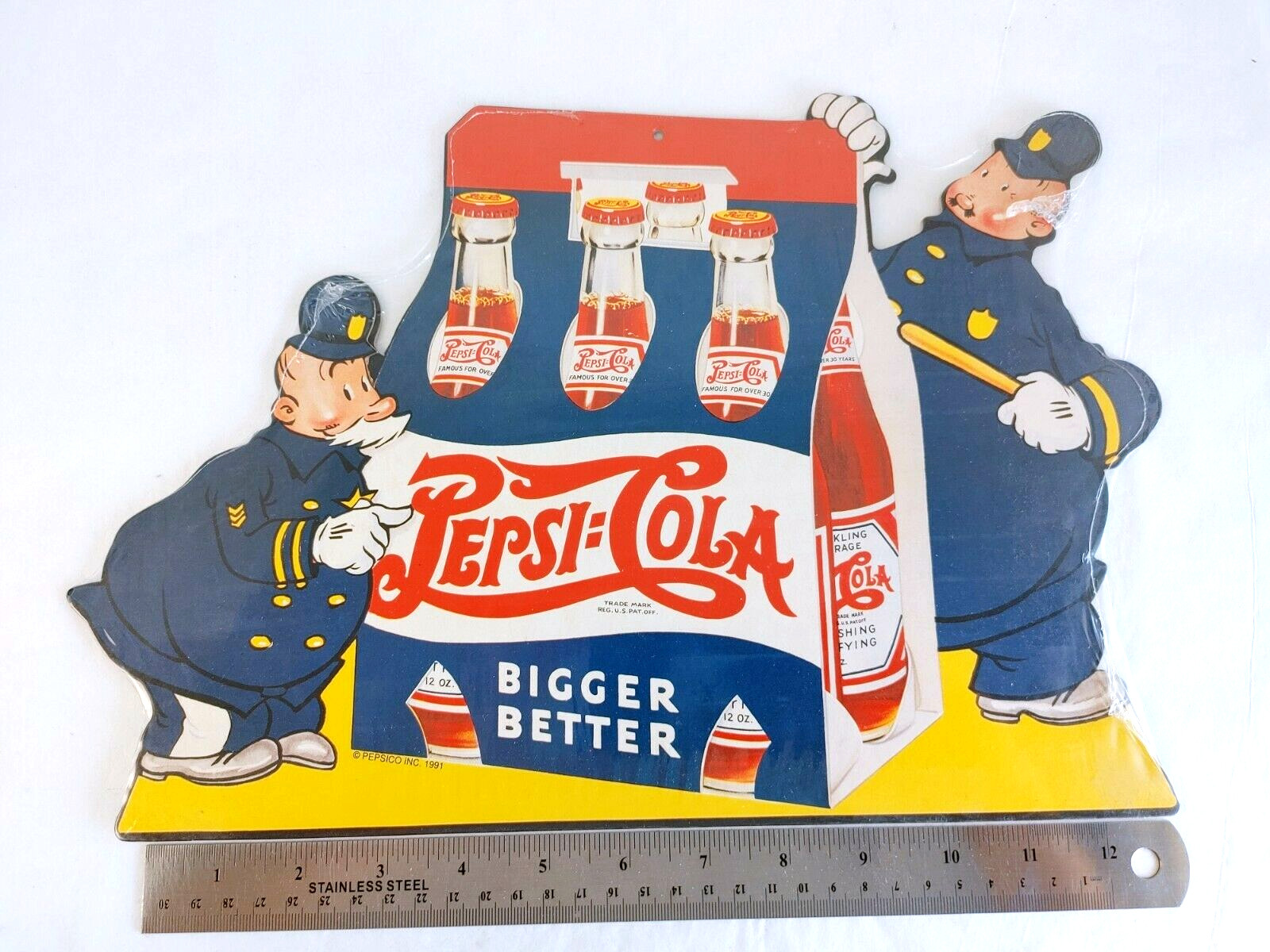 © 1991 Pepsi "BIGGER BETTER" Cardboard Sign Pete, Pepsi Cop 14.5 x 9.5" #17651