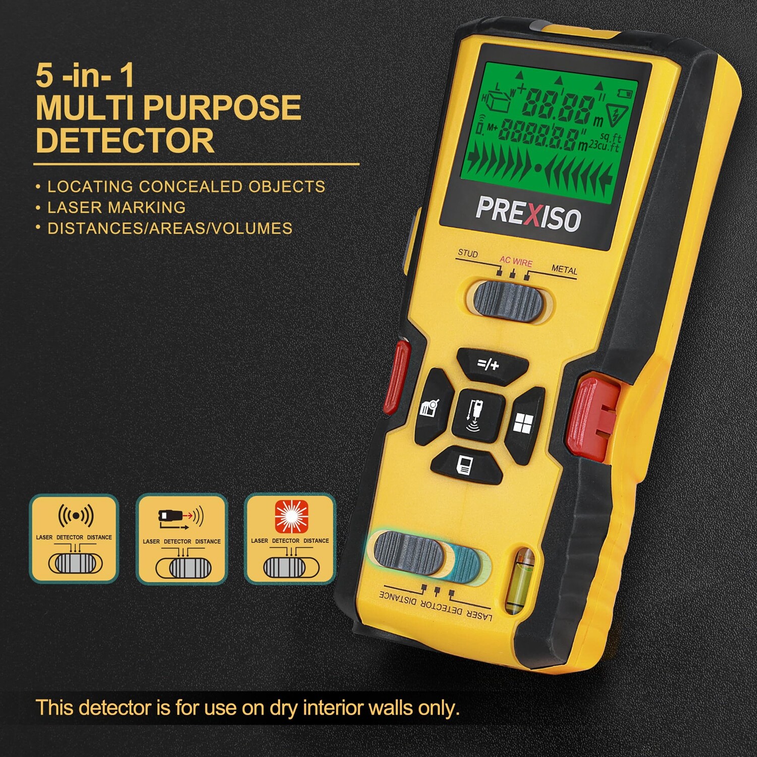 PREXISO 5-in-1 Stud Finder with Laser Level Marking Ultrasound Distance Measures
