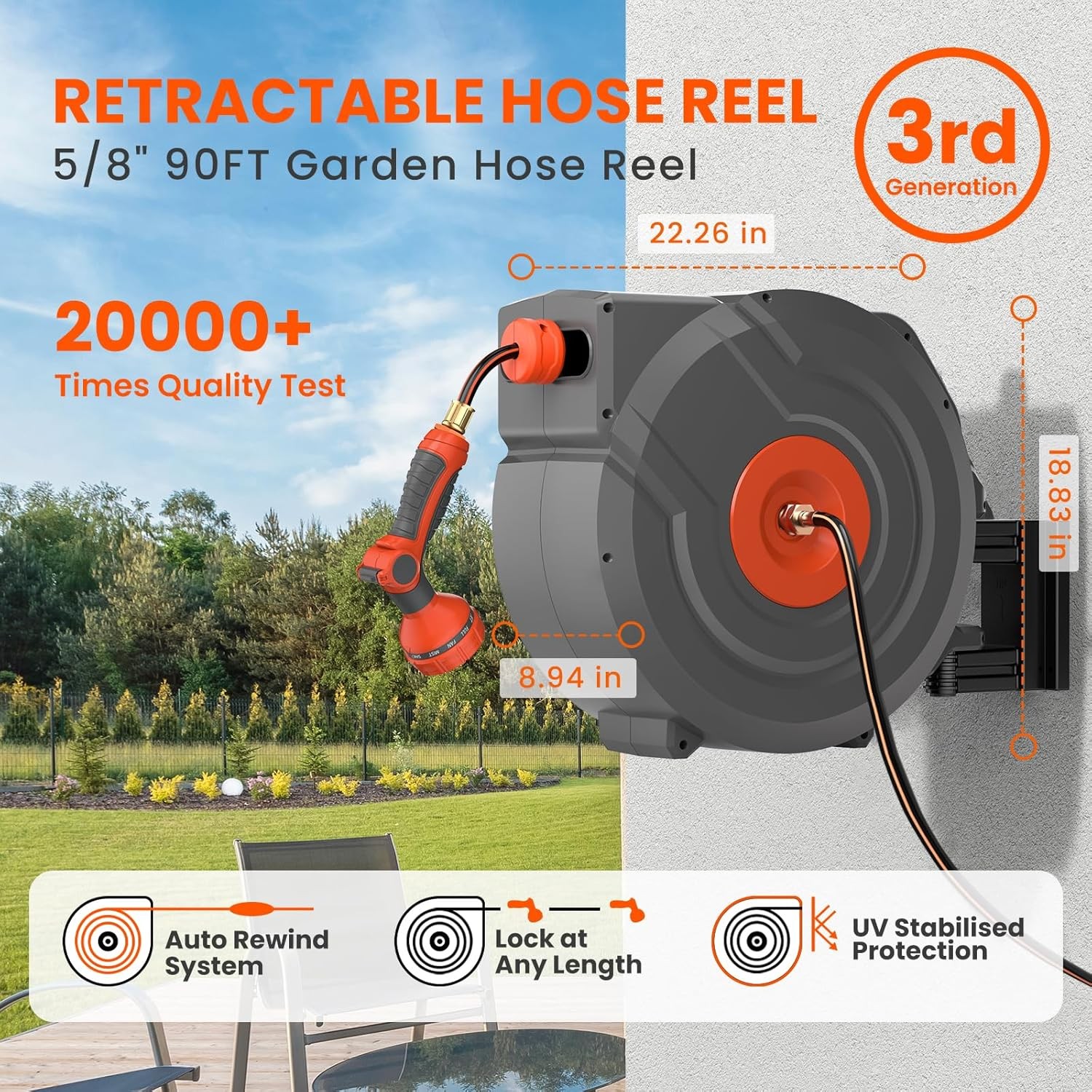 NEOTEC 1/2-Inch x 85ft Retractable Wall Mounted Garden Hose Reel