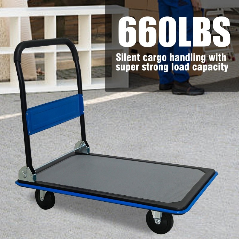 660lbs Flatbed Cart, Blue Foldable Cart Dolly 35.4"X23.6" Platform Hand Truck