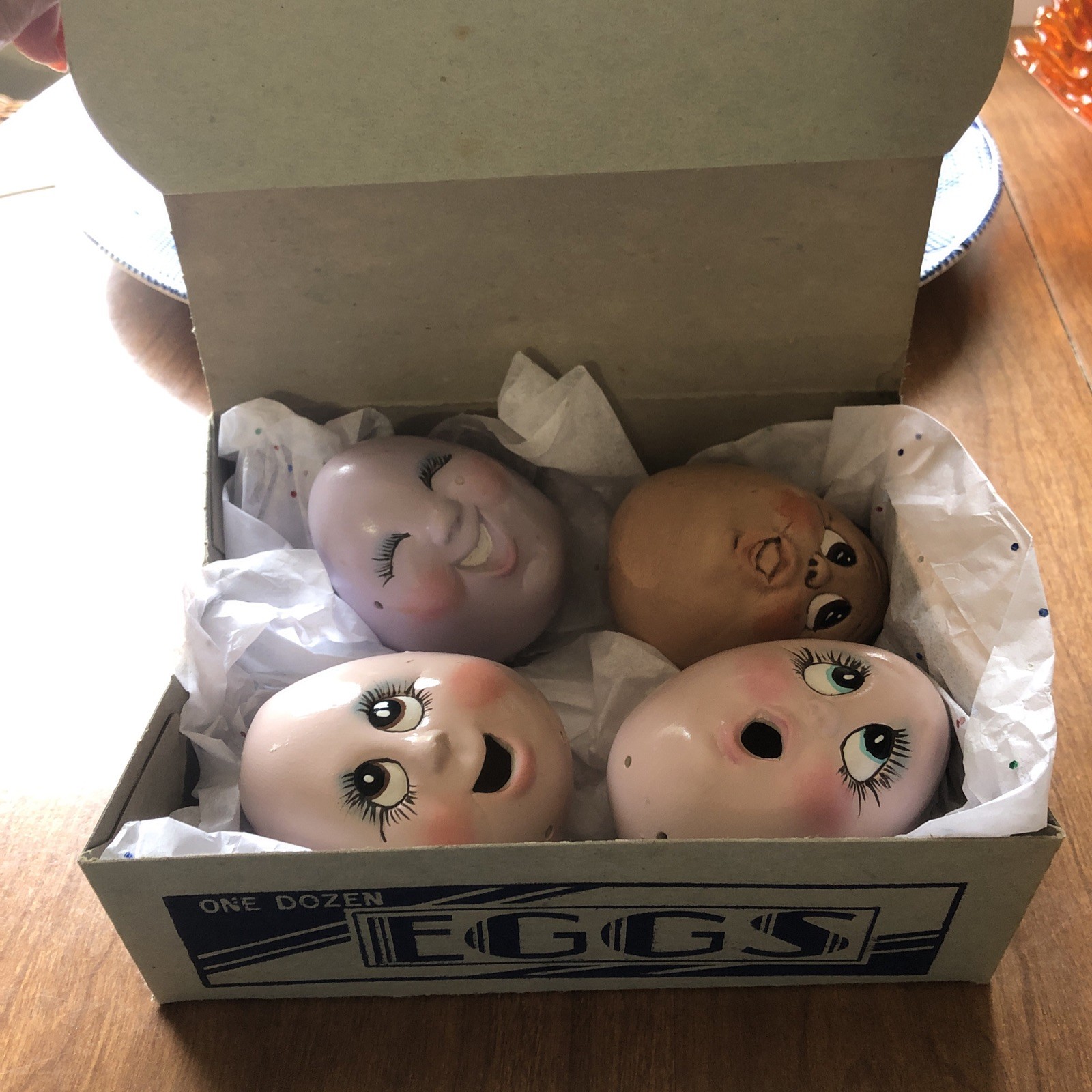 Vintage Ceramic Eggs In Antique Egg Carton