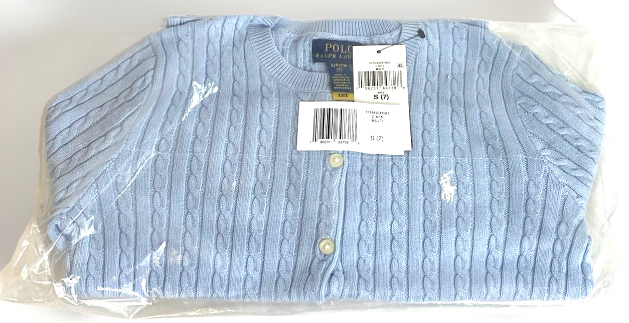 Polo Ralph Lauren Big Girls S (7) Blue Cable Knit Cotton Cardigan-Multi NEW