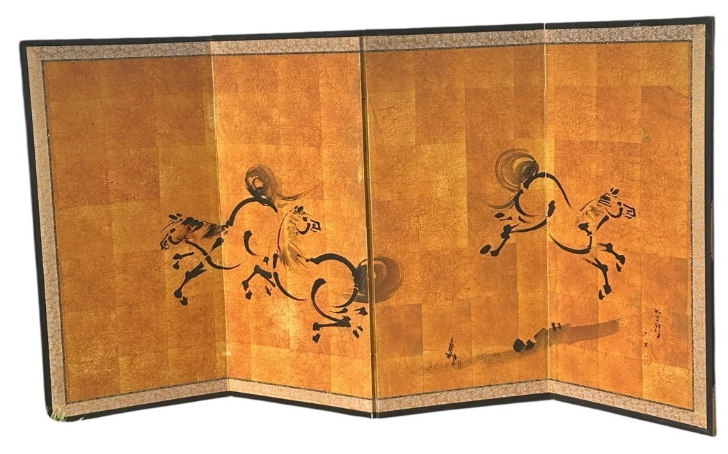 Byobu Horse Art Folding Screen Asian Ink Painted Spirited Horses 4 Panel