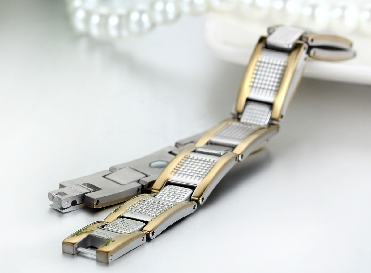 Silver Gold Two Tone Stainless Steel Link Men's Golf Therapy Magnetic Bracelet