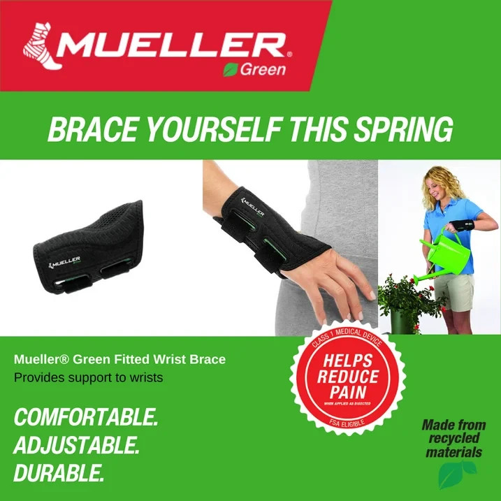 Mueller Green Fitted Wrist Brace, Right Hand, Unisex, One Size Fits Most, Black