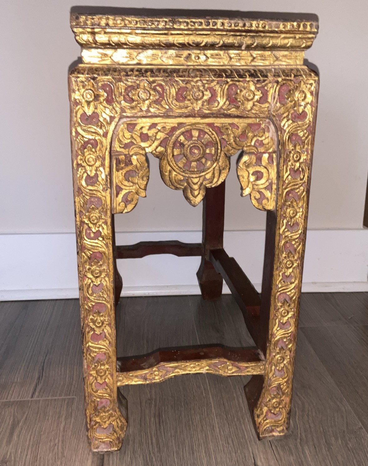 Hand Carved Asian Gilt Wood Altar Table Console – Ornate Gold Red Accent
