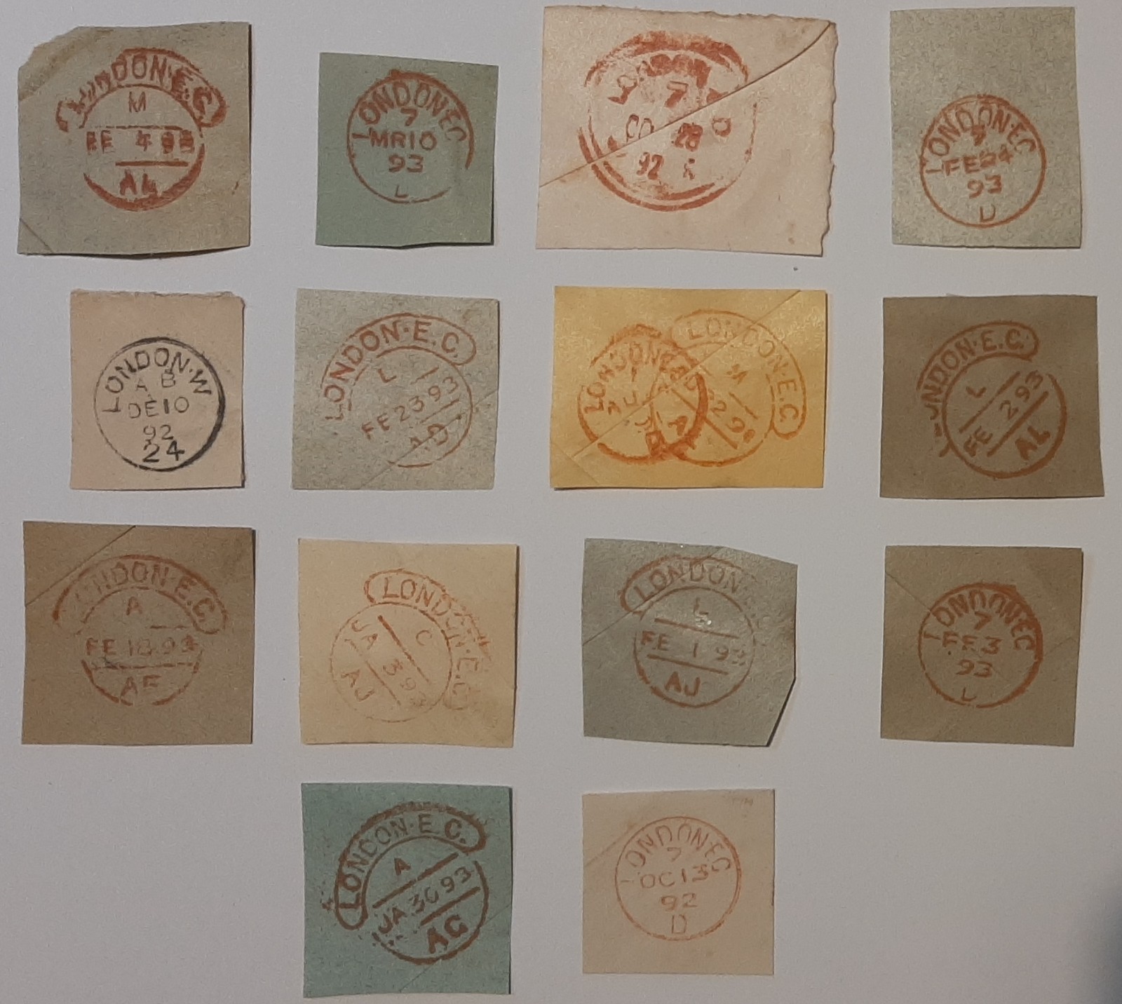 (GB-1961) GB 1890's Set of 14 Early Postmarks cut outs LONDON E.C.