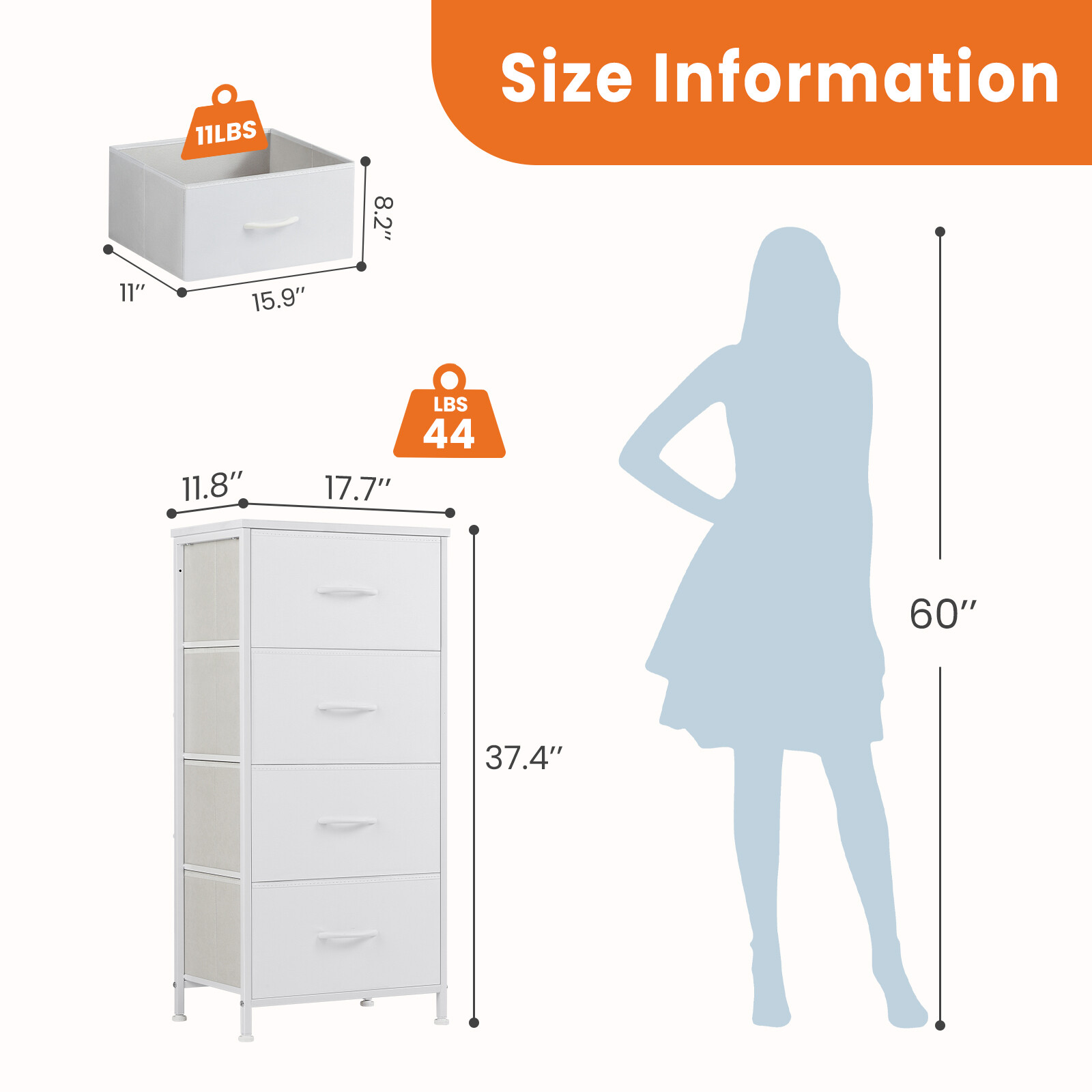 Skinny 4-Drawer Dresser - Fabric Storage Tower, Chest of Drawers for Bedroom