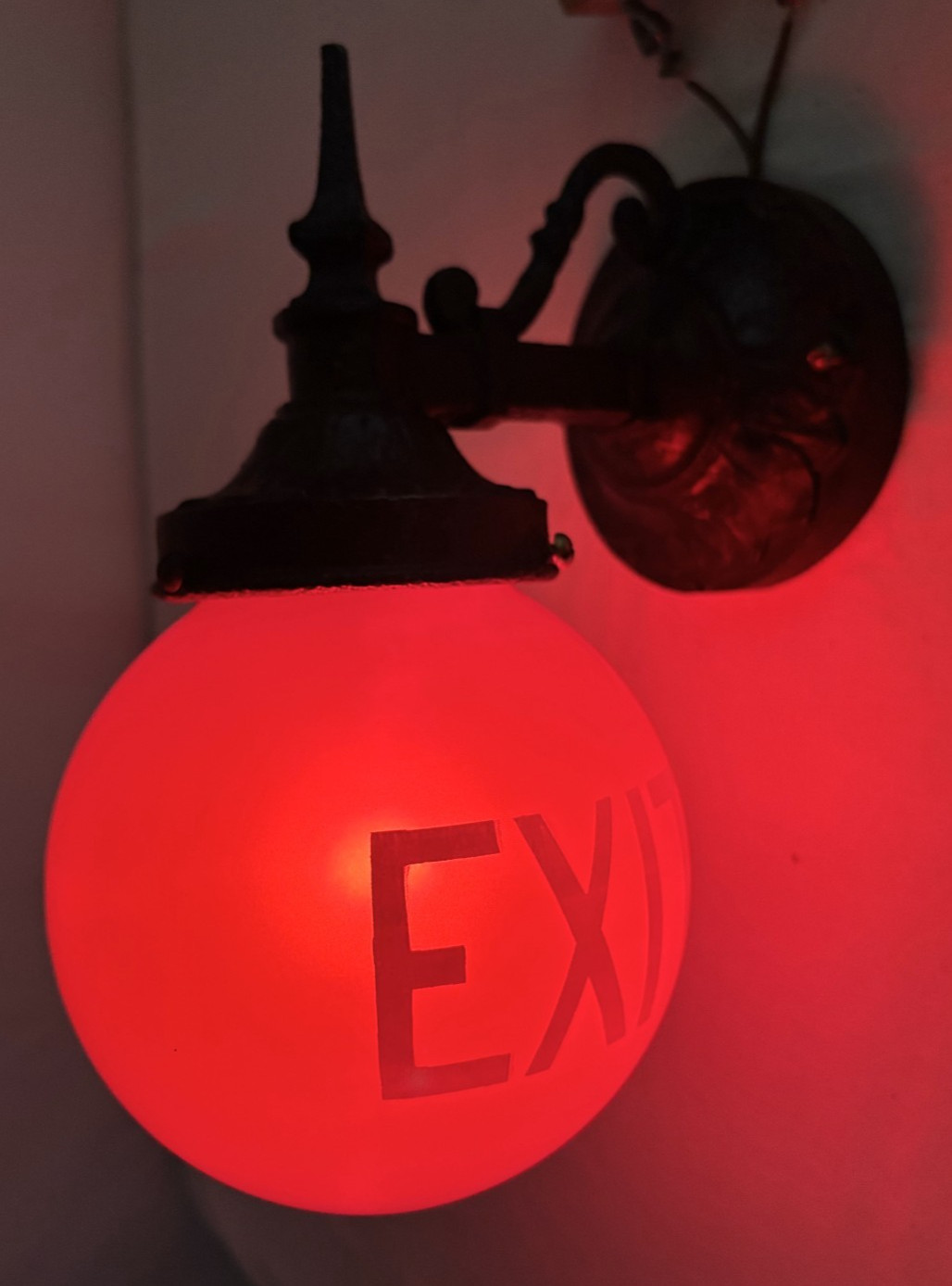 Vtg Exit Glass Light Globe Wall Sconce Cast Iron Fixture Art Deco Shade USA #L61