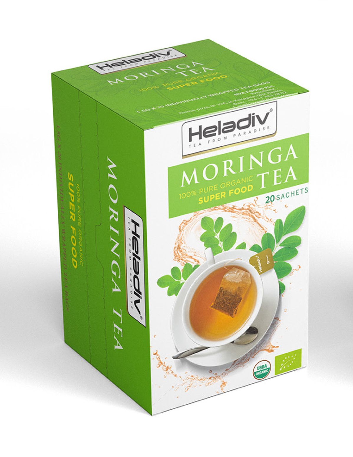 Moringa, Tea Bags Herbal Tisane by Heladiv, Caffeine Free, 20 Sachets