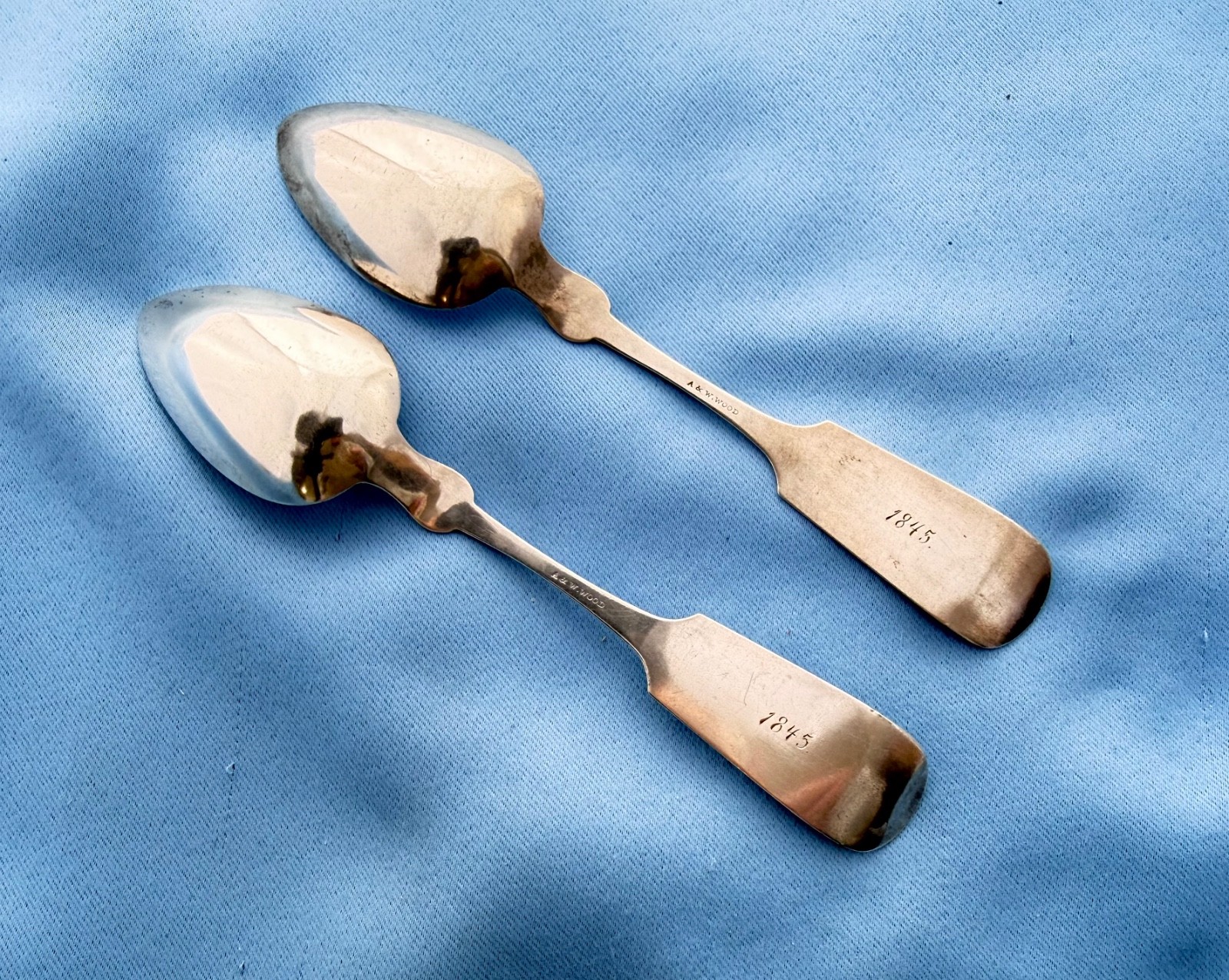 A&W Wood 2 Coin Silver Soup or Desert Spoons 7 1/2 Inches Mono 60 Gram