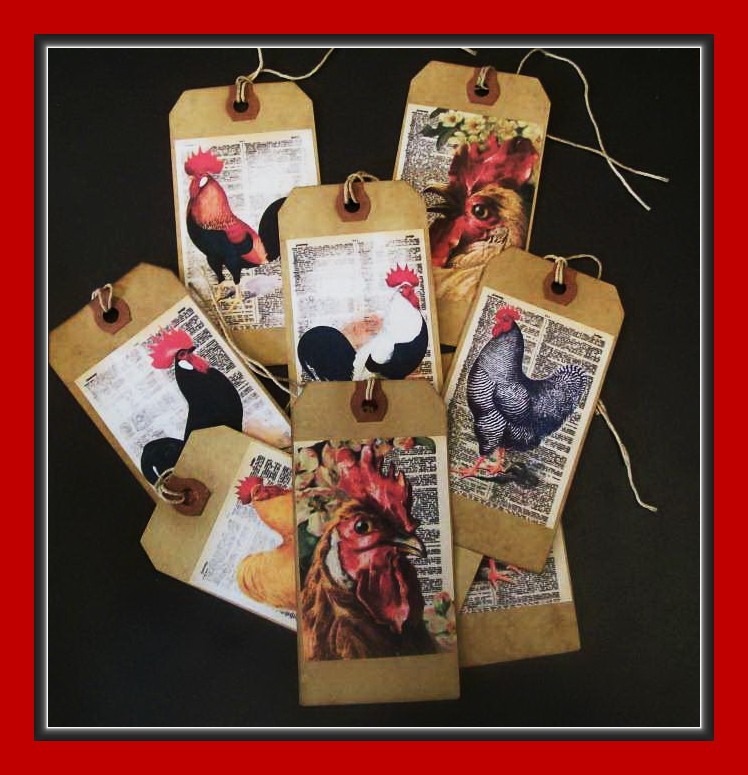 BARNYARD CHICKENS AND ROOSTERS - PRIMITIVE STYLE HANG TAGS - EIGHT - SET #2