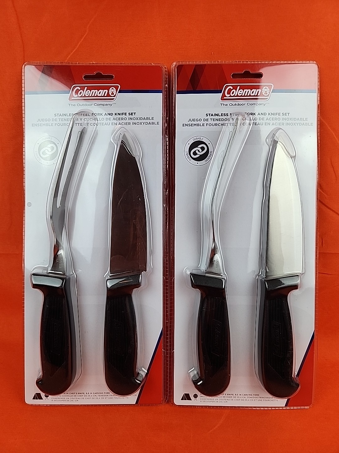 Coleman Stainless Steel Fork & Knife Set Camping Hunting BBQ Tailgating - 2 NEW