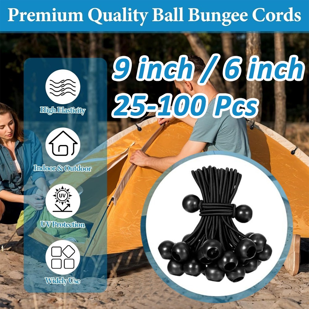 9" 6" Black Ball Bungee Bungie Cord Canopy Tarp Tie Heavy Duty Downs Straps US