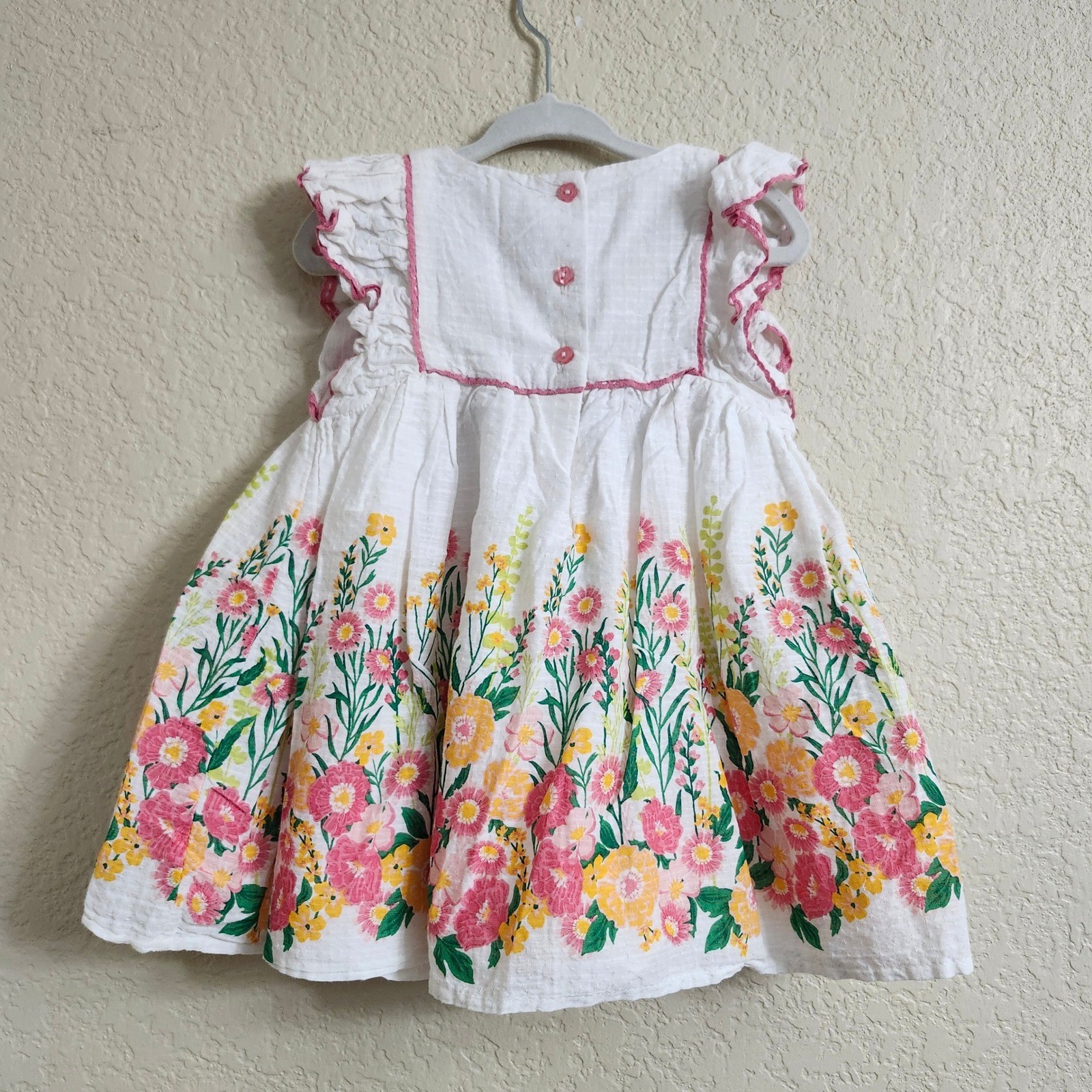 Haute Hippie Baby 24M White Floral Spring Cotton Ruffle Dress Pink Yellow