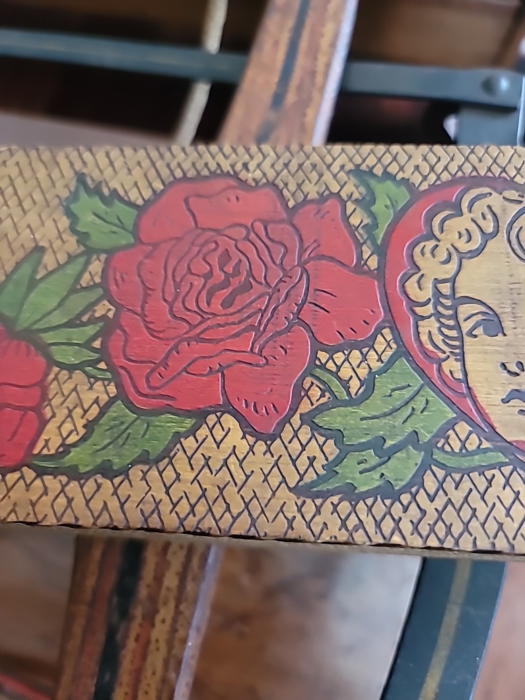 Antique Pyography Box Wood Valentine Painted Hearts Cupid Lady UNIQUE 10×3 1/2×2