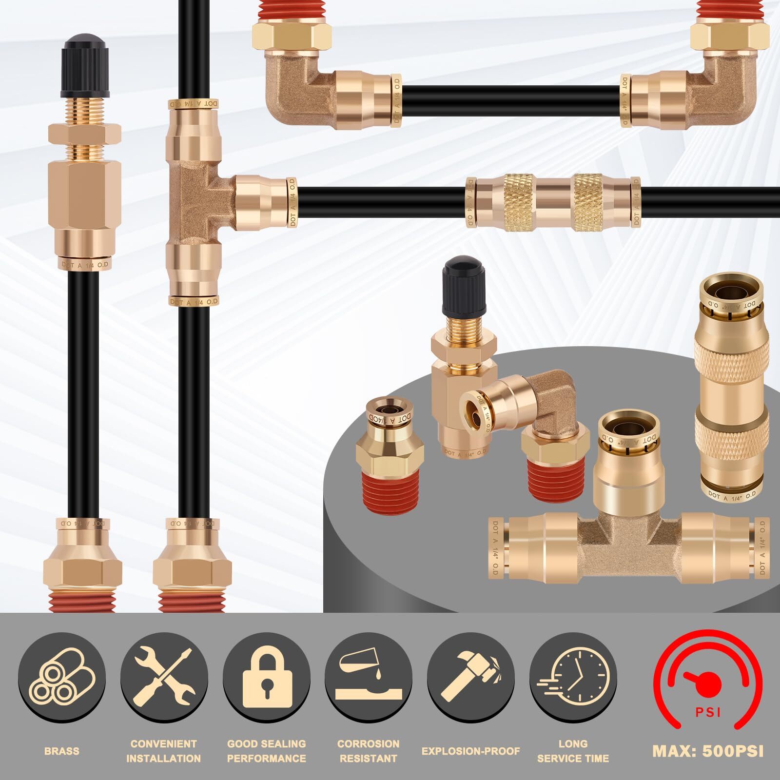 50 FT 1/4 DOT Air Line with Brass Fittings for Air Bags Suspension 10-Piece Kit