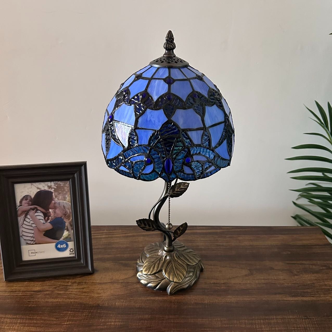 Tiffany Style Table Lamp Blue Stained Glass Baroque Style LED Bulb 8"W*8"D*16"H