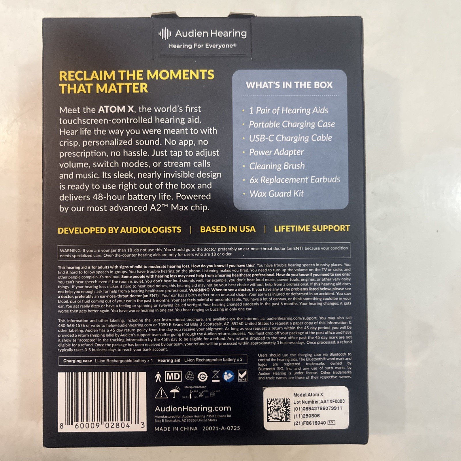 AUDIEN HEARING ATOM X RECHARGEABLE OTC HEARING AIDS, BLUETOOTH. BRAND NEW