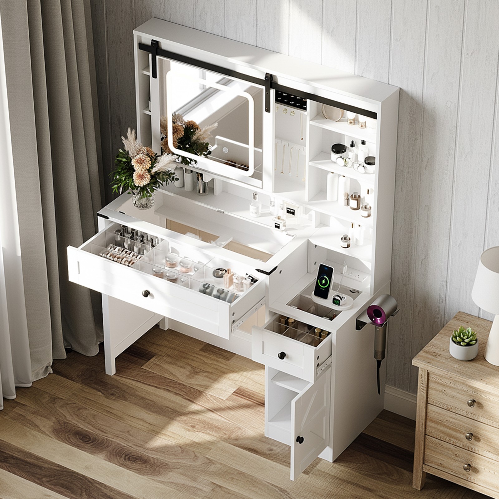 All-in-One Vanity Table with Built-In Power, Farmhouse Style with Sliding Mirror
