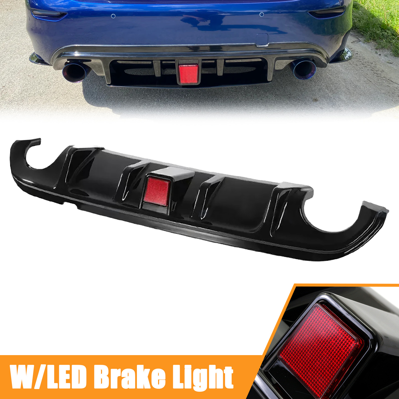 Fit 2014-2017 Infiniti Q50 Glossy Black Rear Bumper Diffuser W/ LED Brake Light