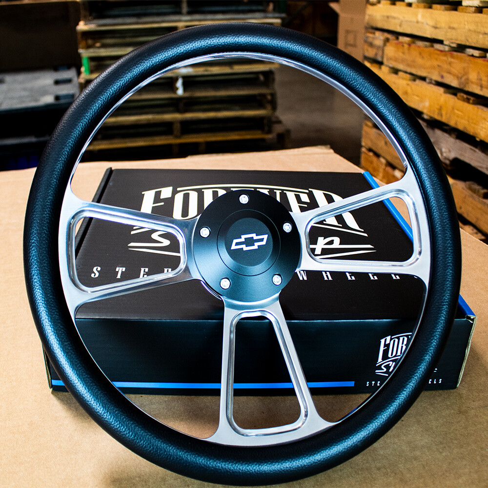 14" Billet Muscle Steering Wheel with Black Vinyl Wrap and Chevy Horn - 5 Hole