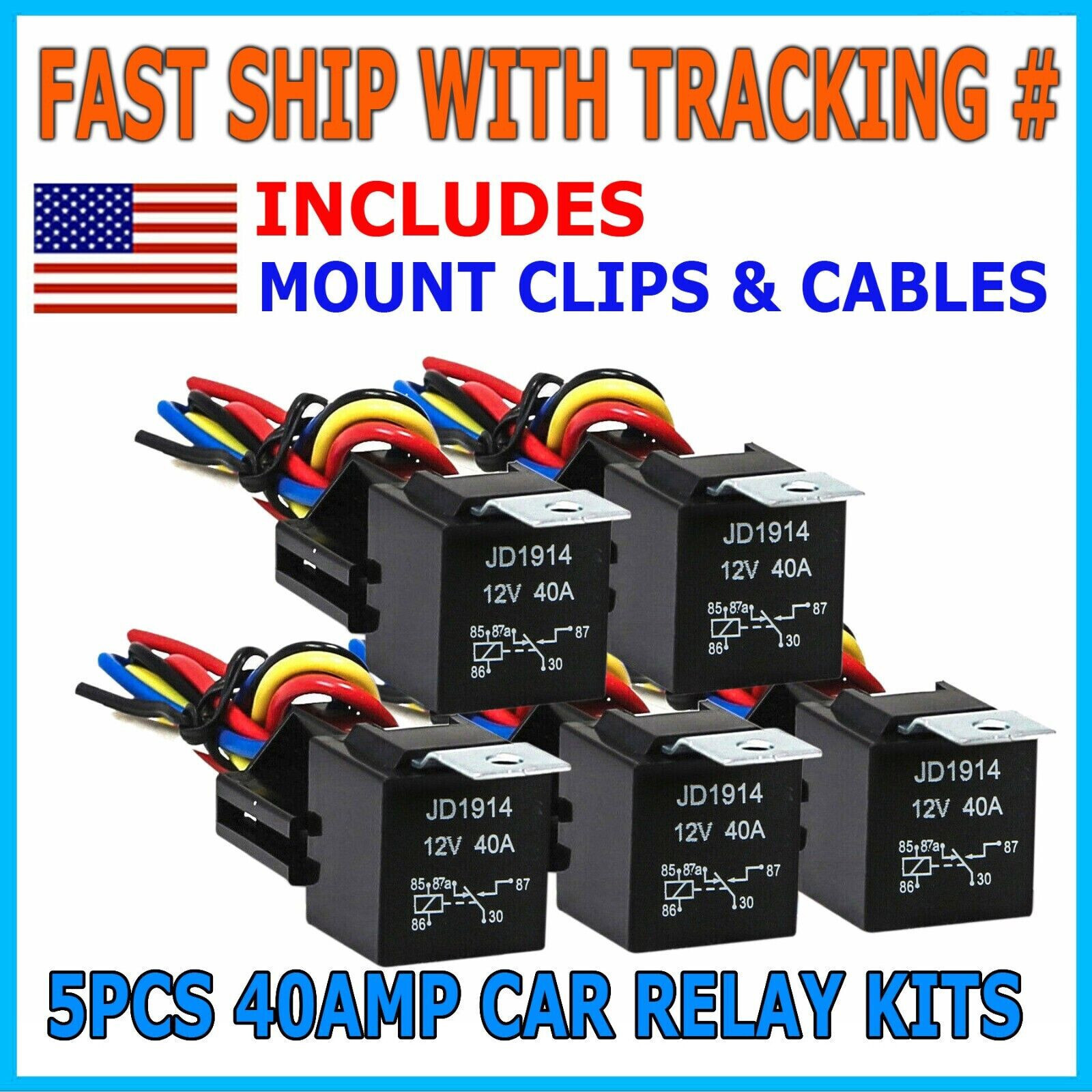 5 PACK 12V 40 Amp 4-Pin SPST Automotive Relay with Wires & Harness Socket Set