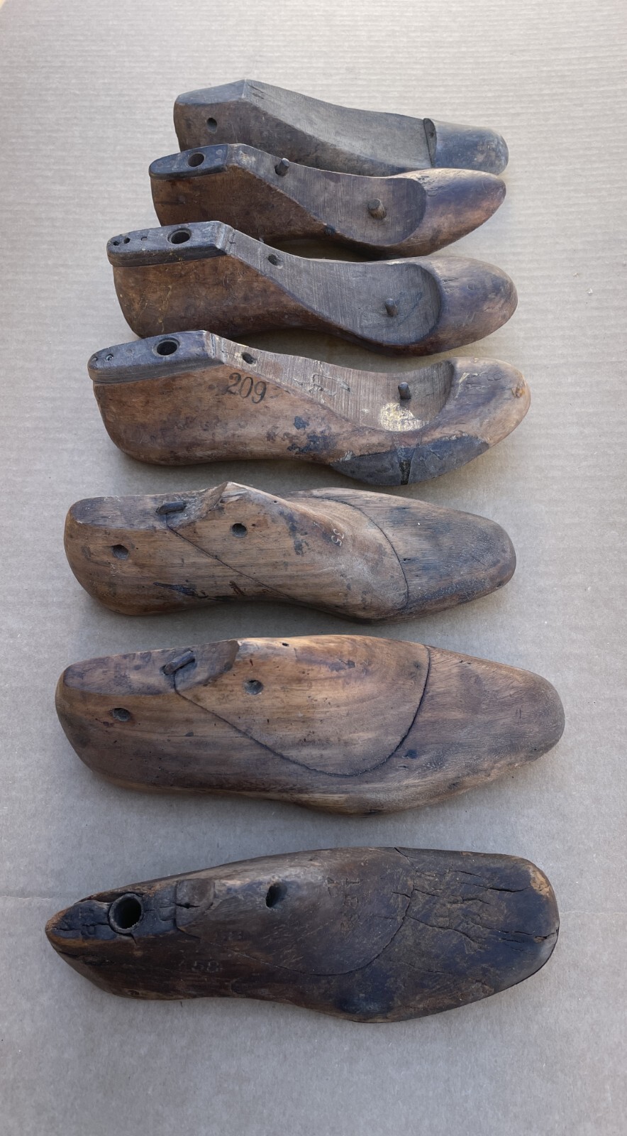 OUTSTANDING Lot of (7) Antique Wood Adult SHOE LASTS Forms Cobbler Molds