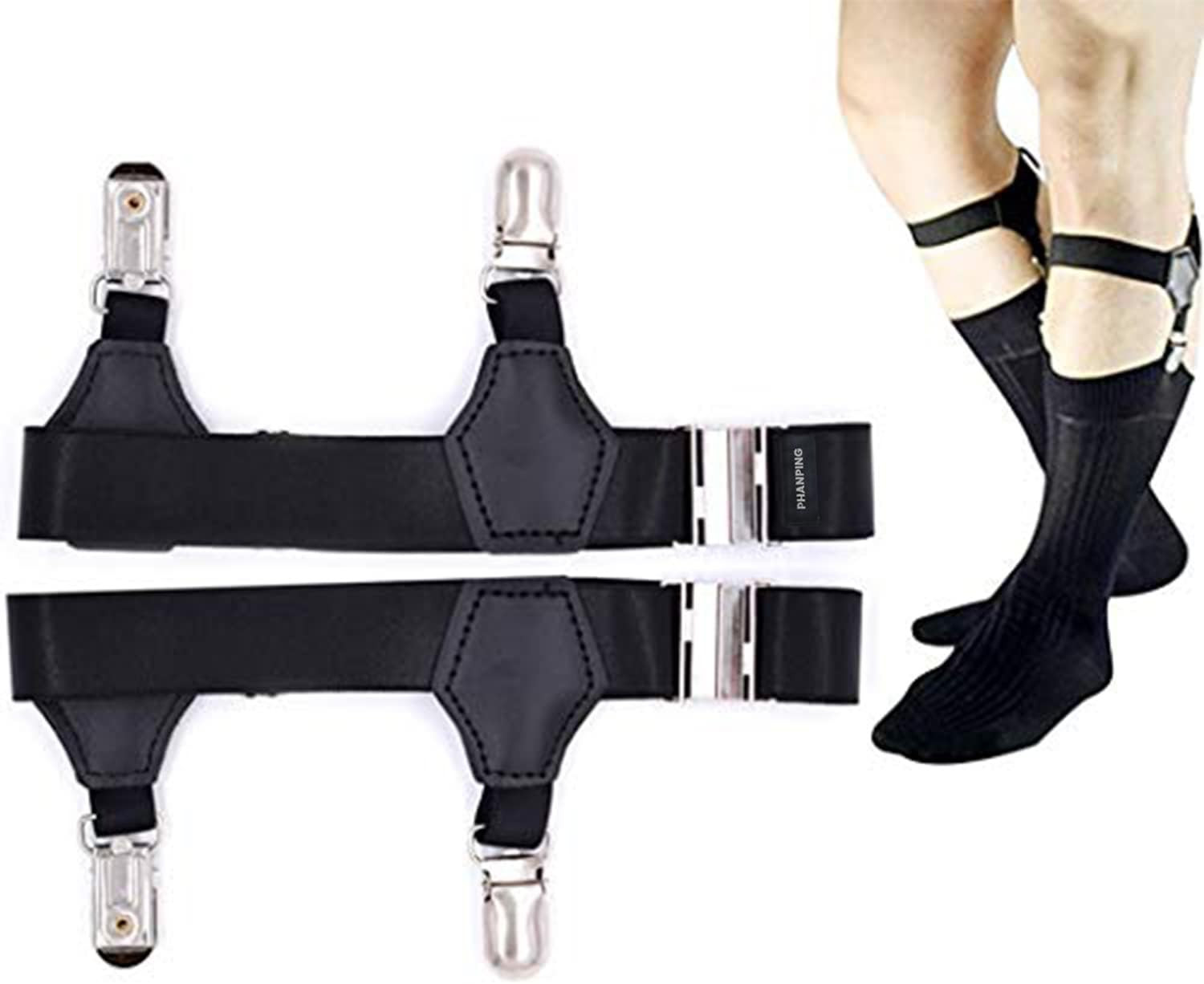 Men’s Sock Garters Adjustable 2Pack Elastic Leg Belt Sturdy Metal Clip Suspender