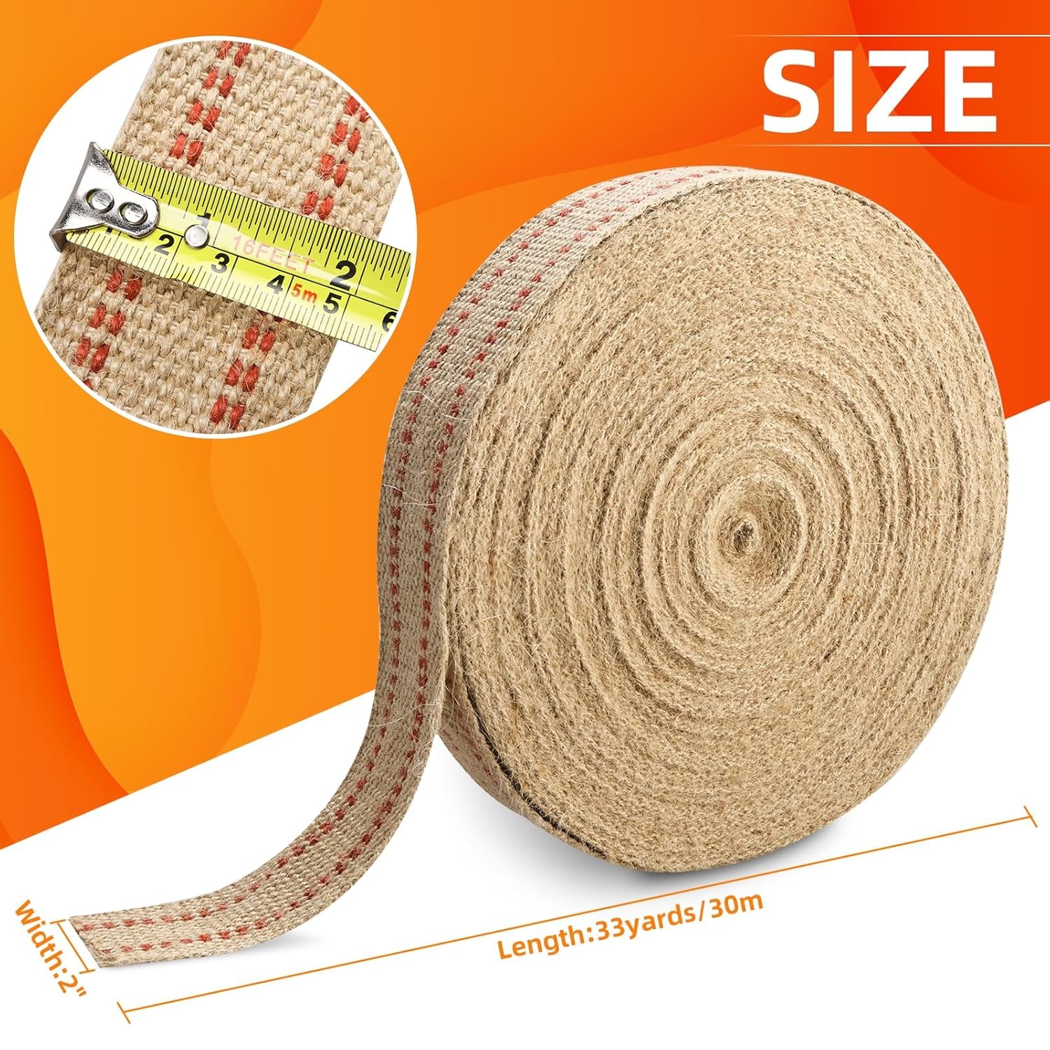 Upholstery Webbing Jute Black/Red Stripe 2" Width 33 Yards 11 lbs Heavy Duty