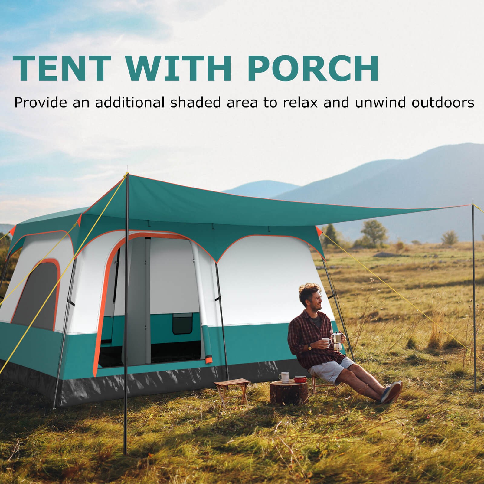 8-Person Camping Tent with Porch Large Family Cabin Tent with 2 Rooms 2 Doors