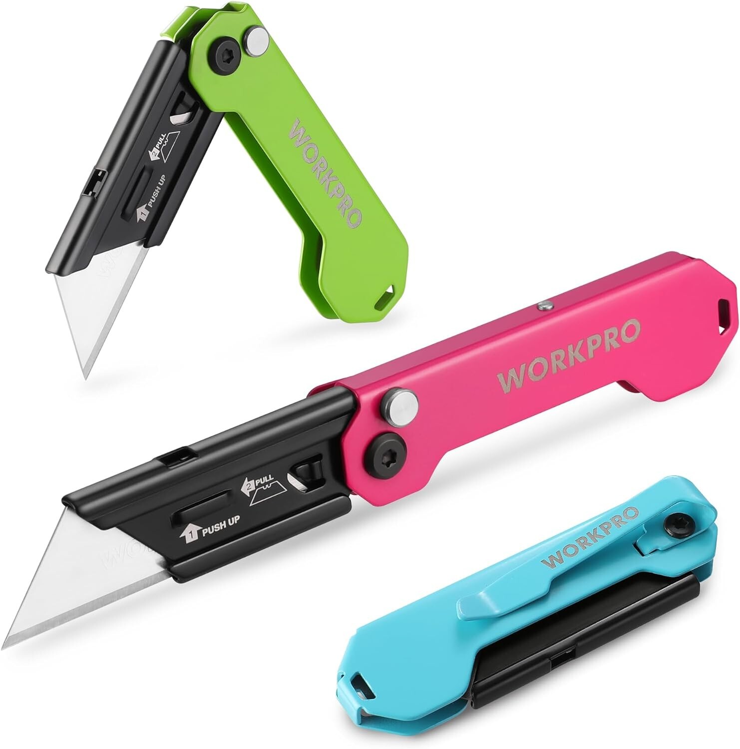 WORKPRO 3-Pack Folding Utility Knife Set Quick Change Blade Box Cutter EDC Knife
