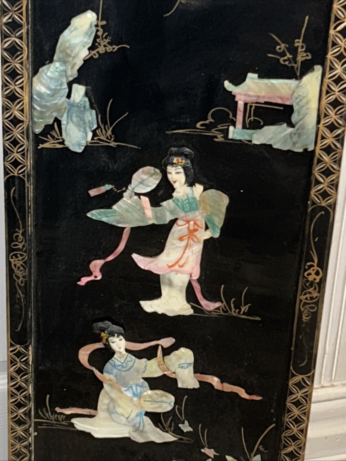 3 Vintage Laquered Asian With Mother of Pearl Panels 12”x 36” 2 Sets Available