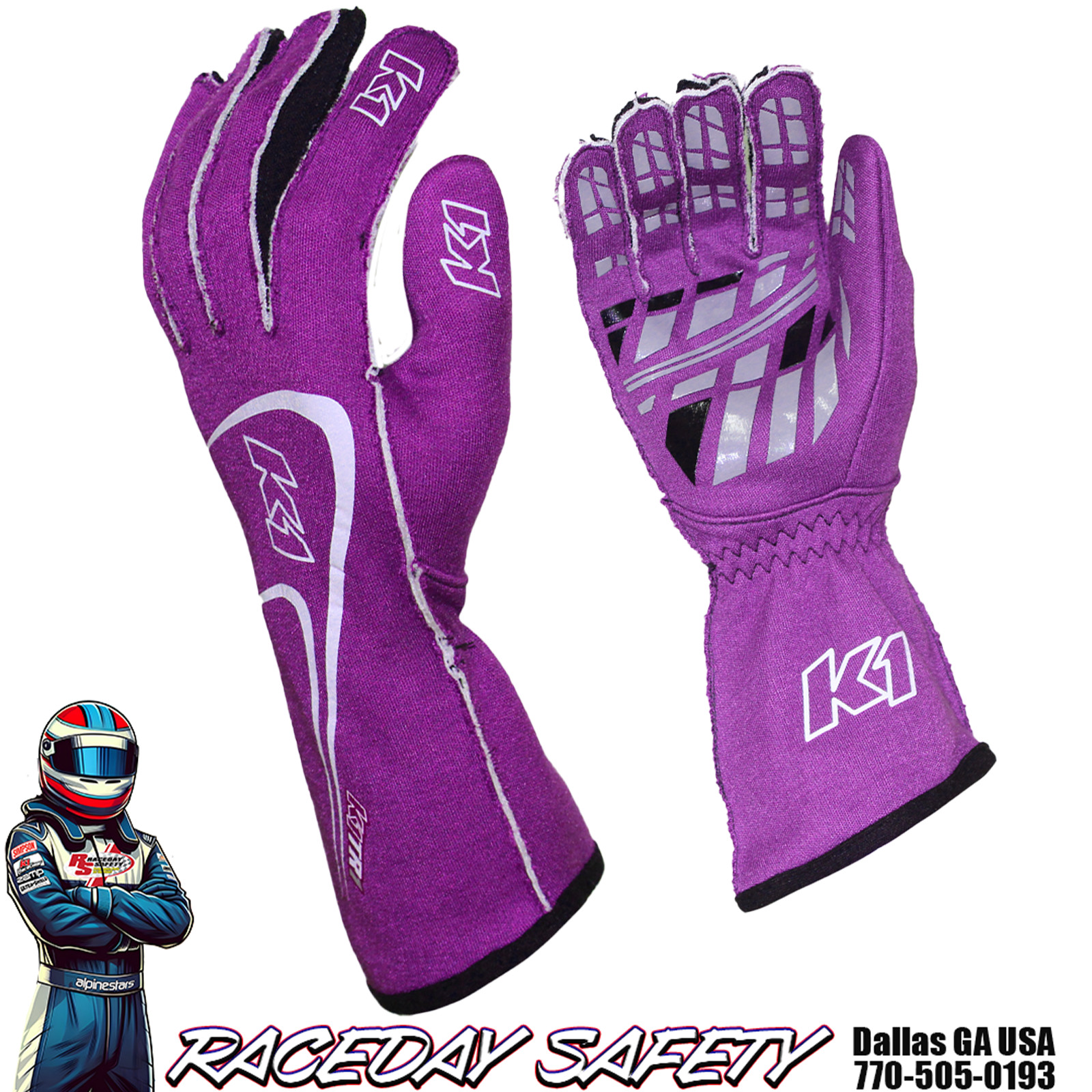 K1 RaceGear Track 1 Nomex® Racing Gloves SFI 3.3/5 Purple Kids & Adult Sizes