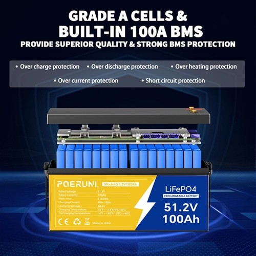 48V 100Ah LiFePO4 Lithium Battery BMS Deep Cycles for RV Solar Boat Golf Cart