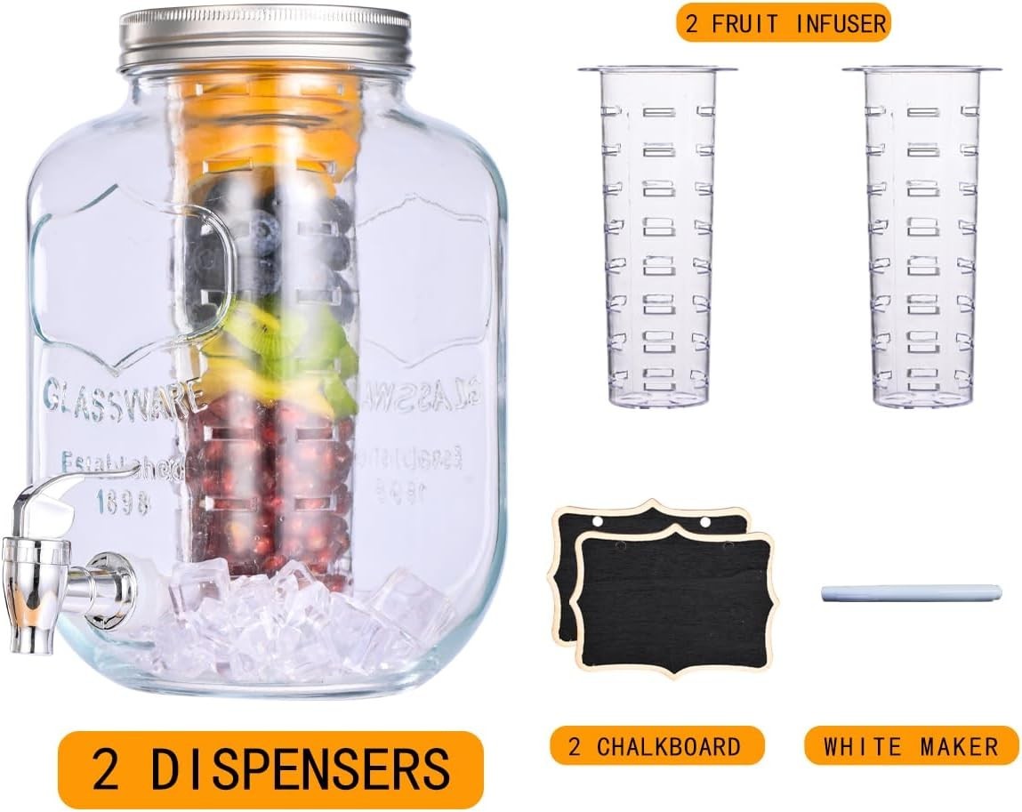 1 Gallon Glass Beverage Dispenser w/ Spigot 2 Pack 6.8x6.8x10.7in Party