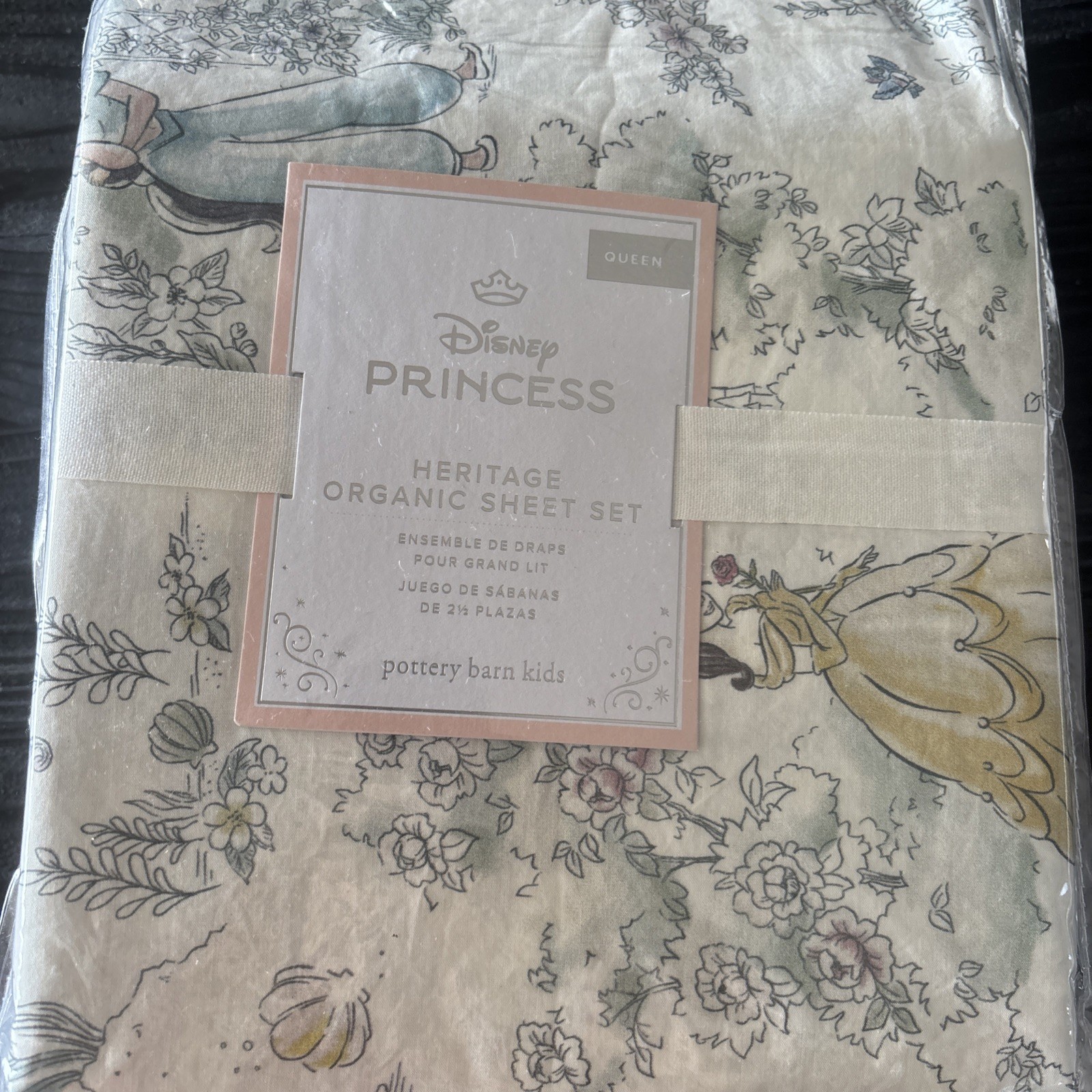 POTTERY BARN KIDS Disney Princess Heritage Organic Queen  Sheets Set - NEW