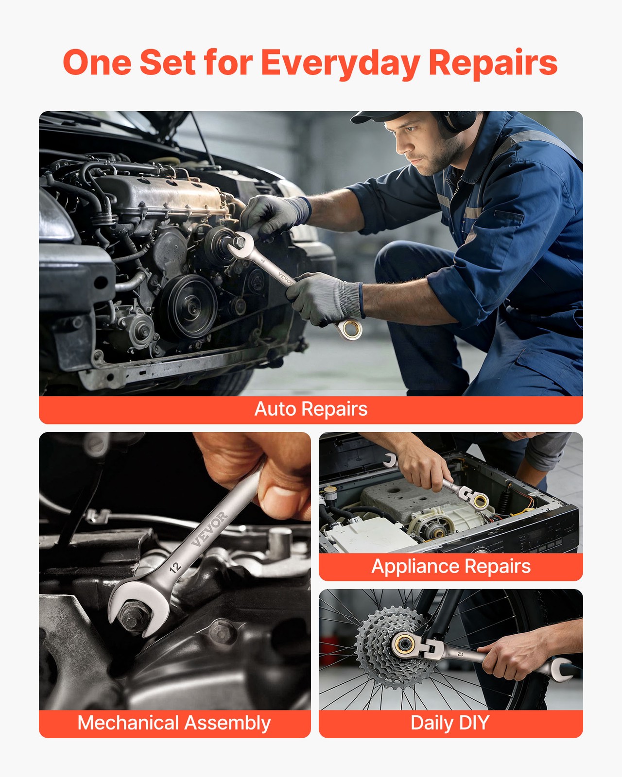 VEVOR Flex-Head Ratcheting Wrench Set Combination Wrench Set 12-Piece Metric