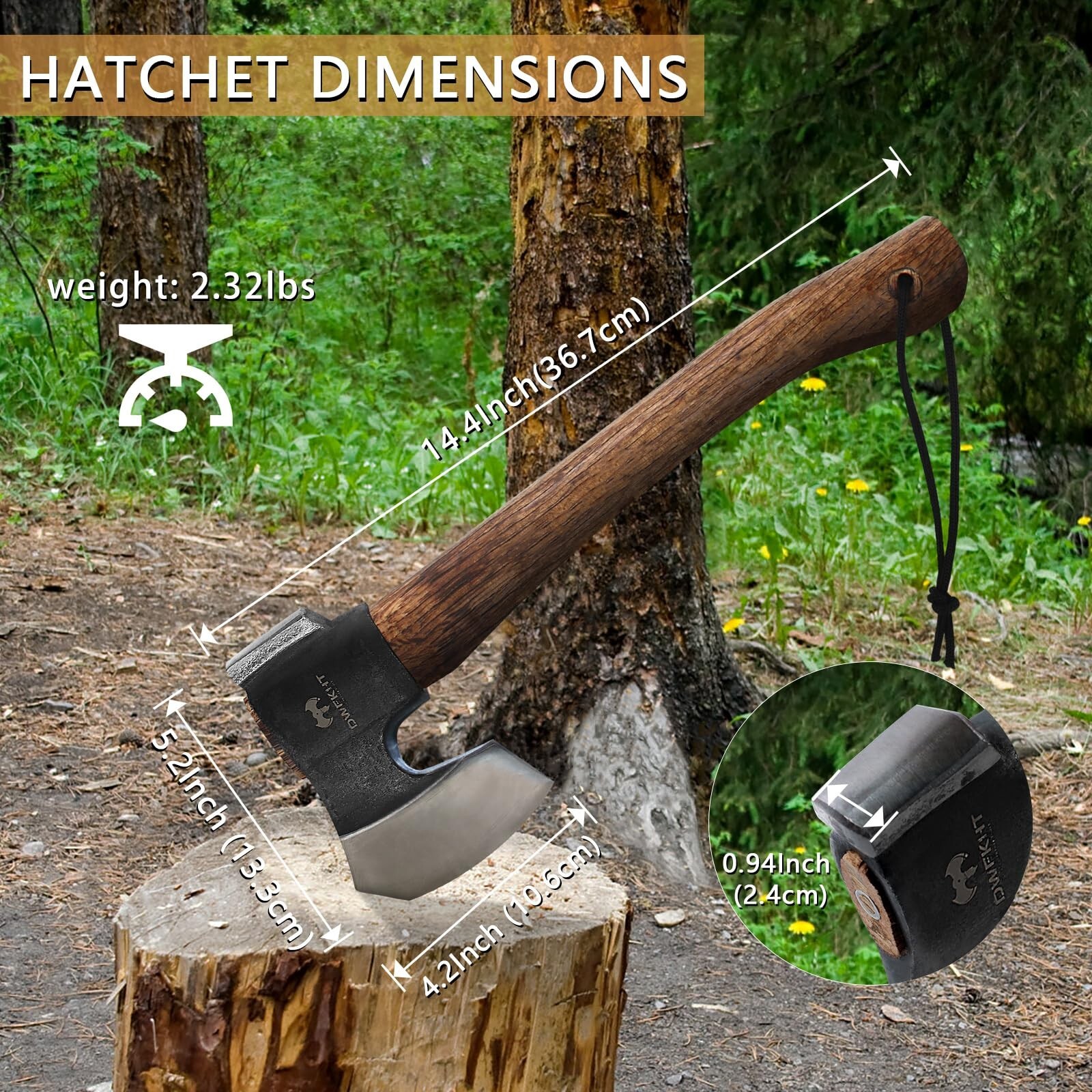 14.4" Hatchet, Camping Hatchet, Hand Forged Axe with Sheath, Bushcraft Axe wi...
