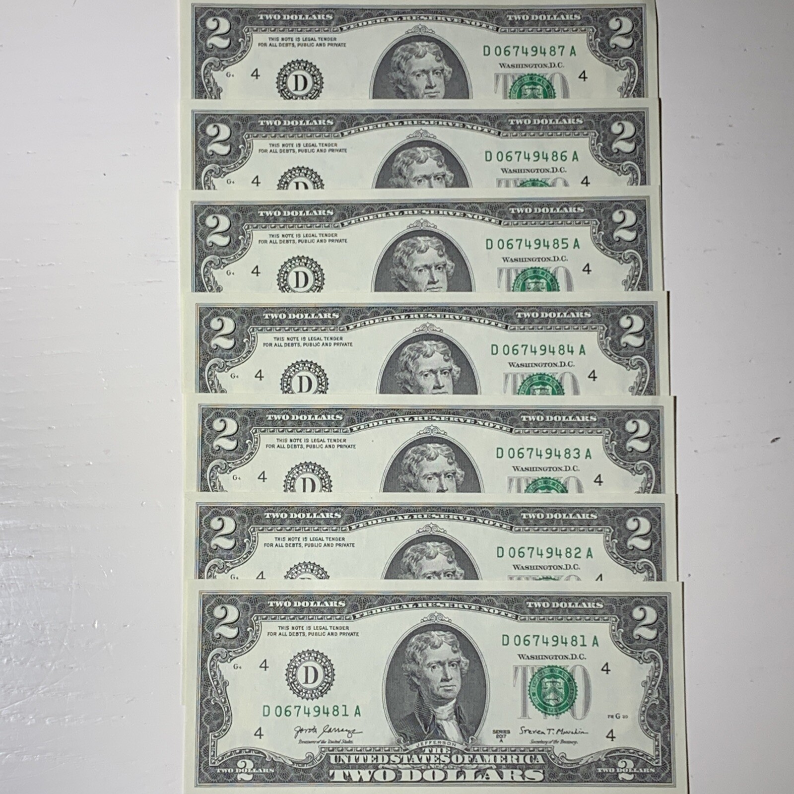 Two Dollar Bill Lot Of 7 NEW Crisp $2 Sequential  2017A 🇺🇸 🌟