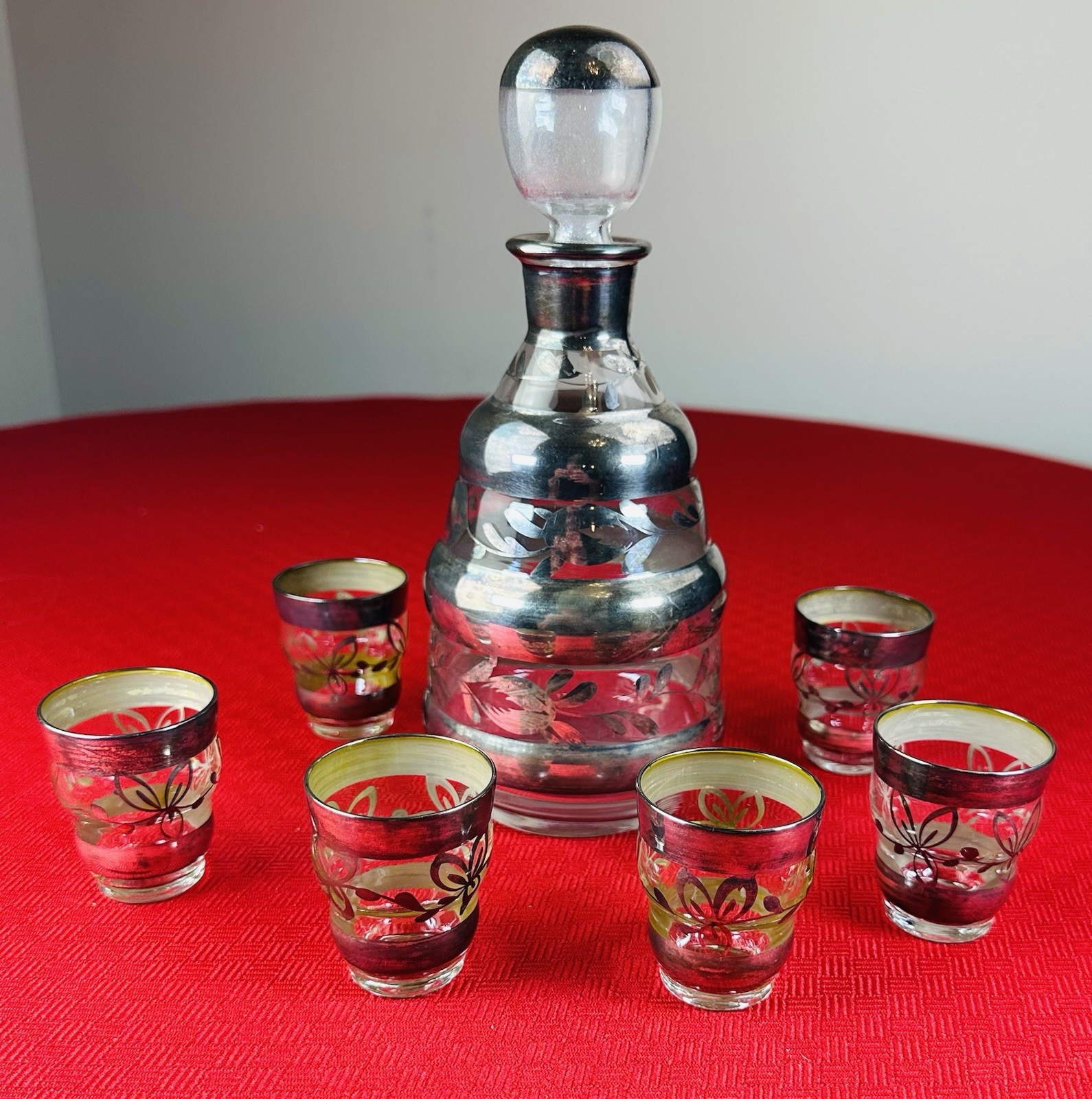 Antique 8 Piece Sterling Silver Overlay Decanter Set Art Deco Liquor Hand Blown