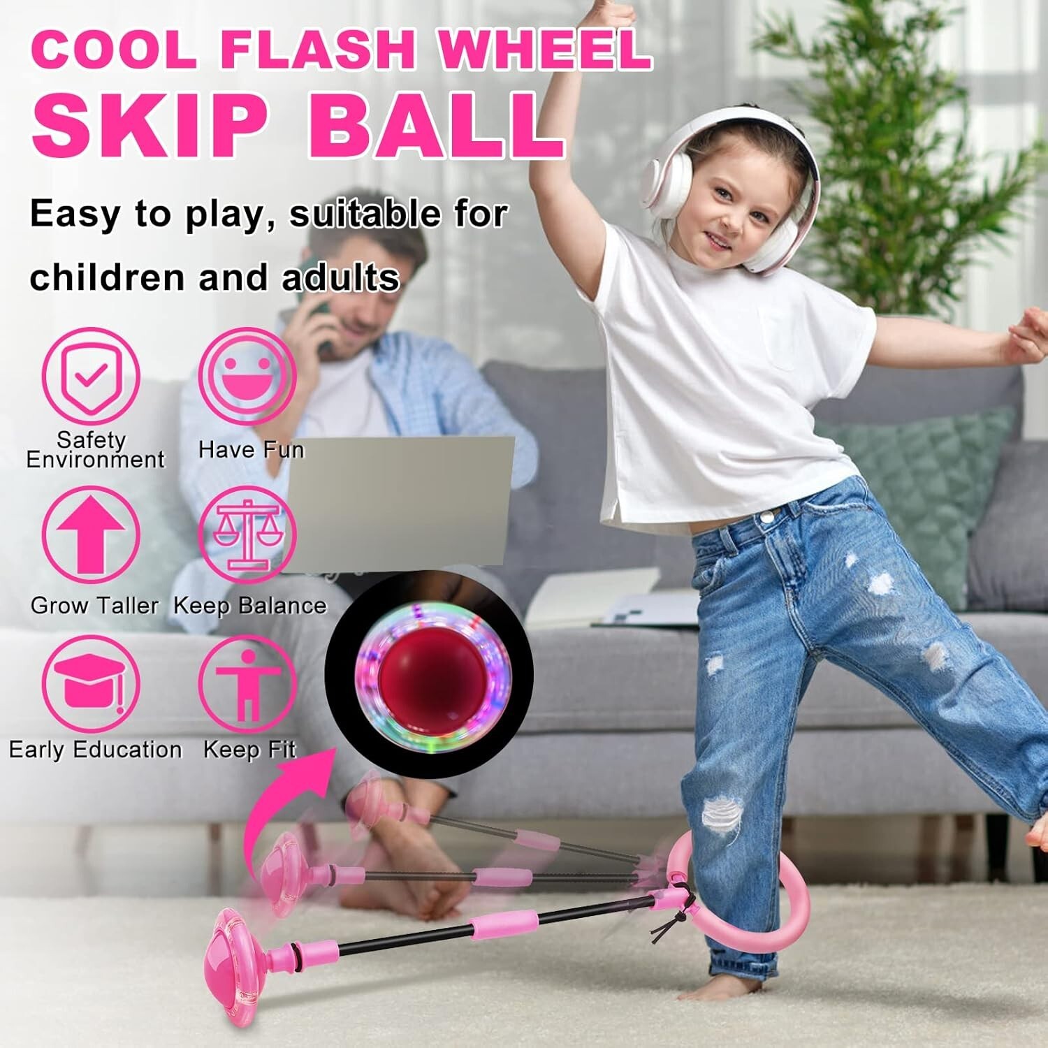 Skip Ball for Kids Foldable Ankle Skip Ball Colorful Light Flashing Jumping Pink