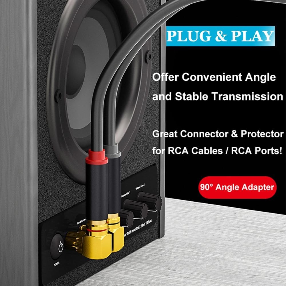 2-Pack RCA Right Angle Adapter 90 Degree Male to 2-PACK, Gold Plated