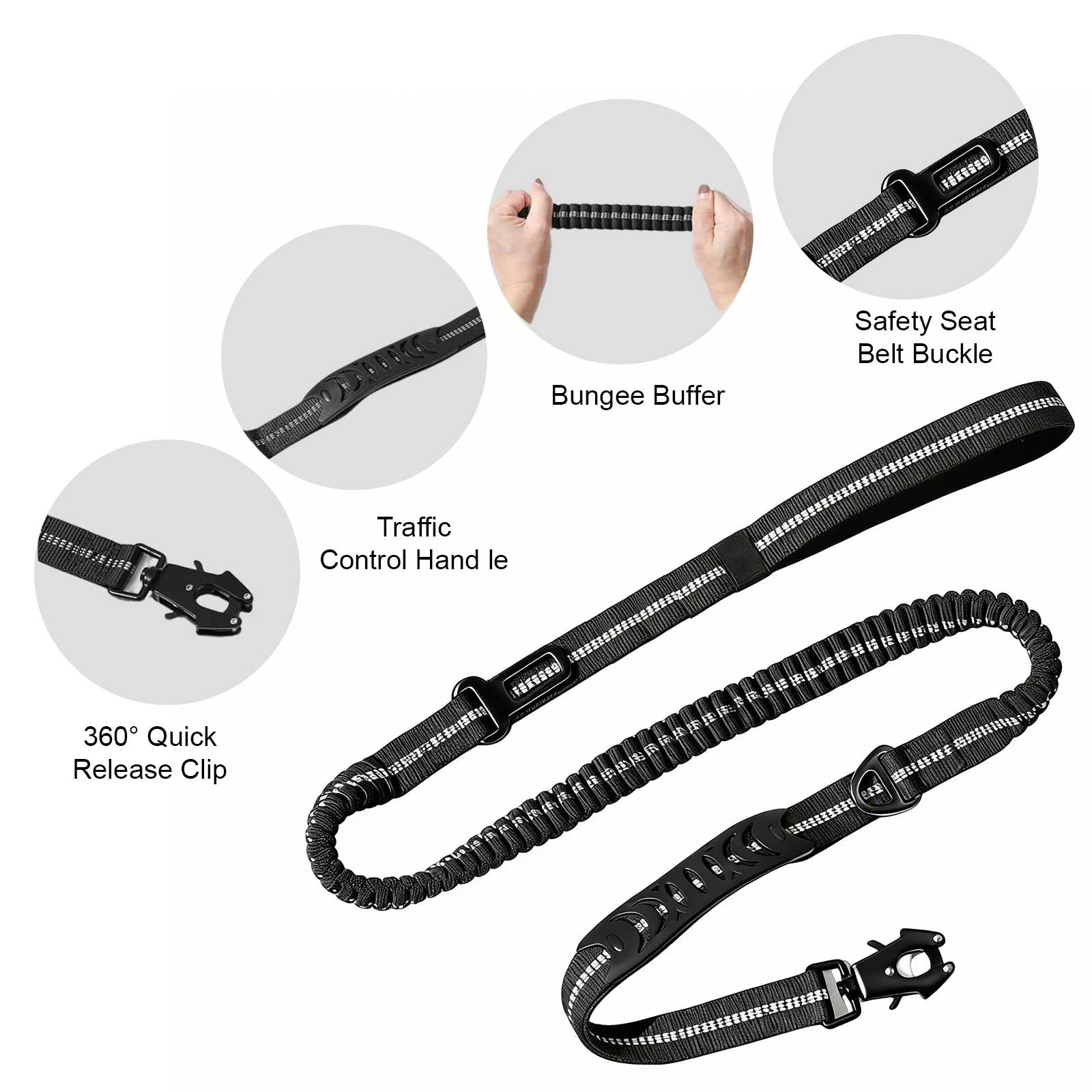 Heavy Duty 4 in 1 Bungee Dog Leash 6ft Reflective Traffic Control Seat Belt Clip
